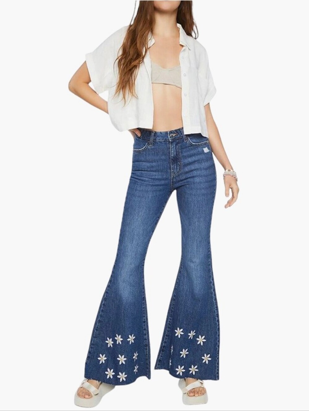 Forever 21 Blue Flare Jeans with White Floral Hem. NWT Size 30